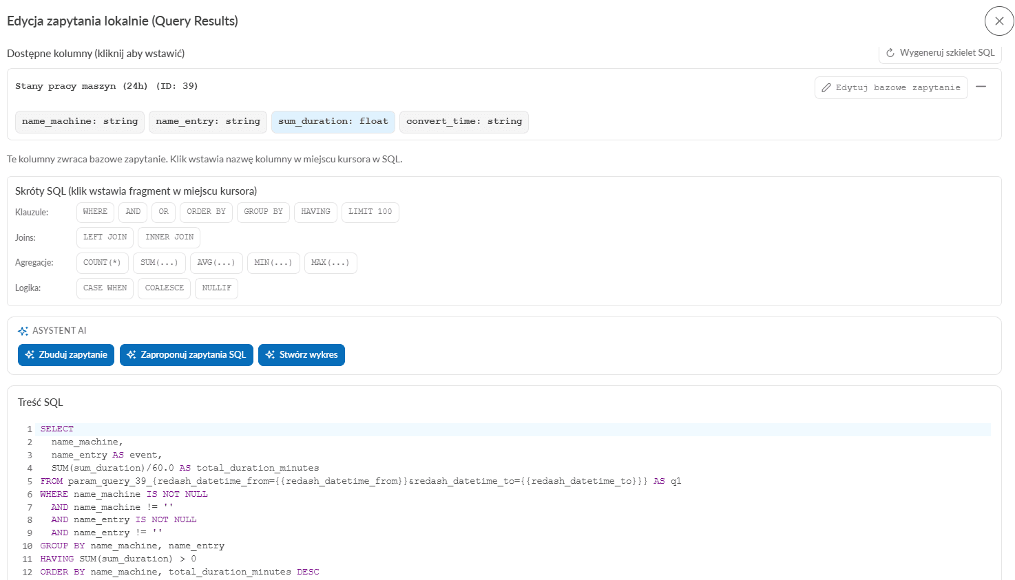 Tworzenie wykresów na dashboardach Redash przez Query Results z asystentem AI