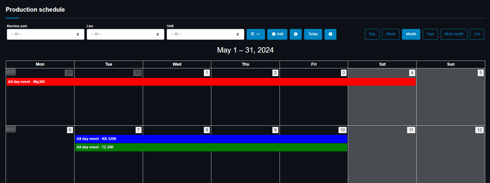 A photo depicting the production schedule in dark mode