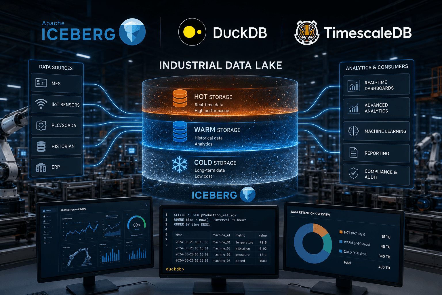 Industrial data lake z Apache Iceberg + DuckDB + TimescaleDB: jak nowoczesny MES łączy hot, warm i cold storage