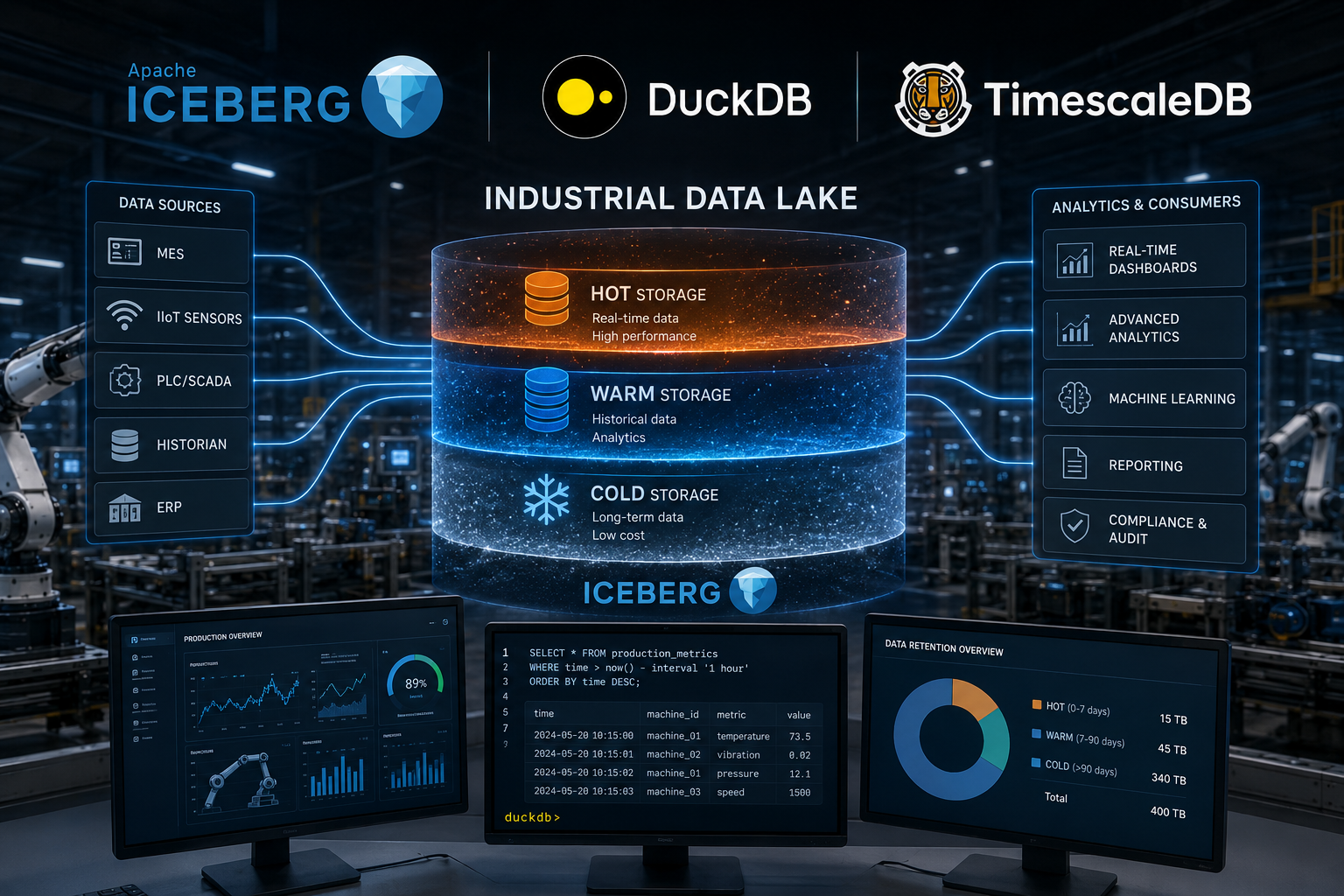 Okładka: Industrial data lake with Apache Iceberg + DuckDB + TimescaleDB: how a modern MES bridges hot, warm and cold storage